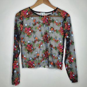 Kimchi Blue Womens Black Floral Embroidered Sheer Blouse Size L Long Sleeve Boho